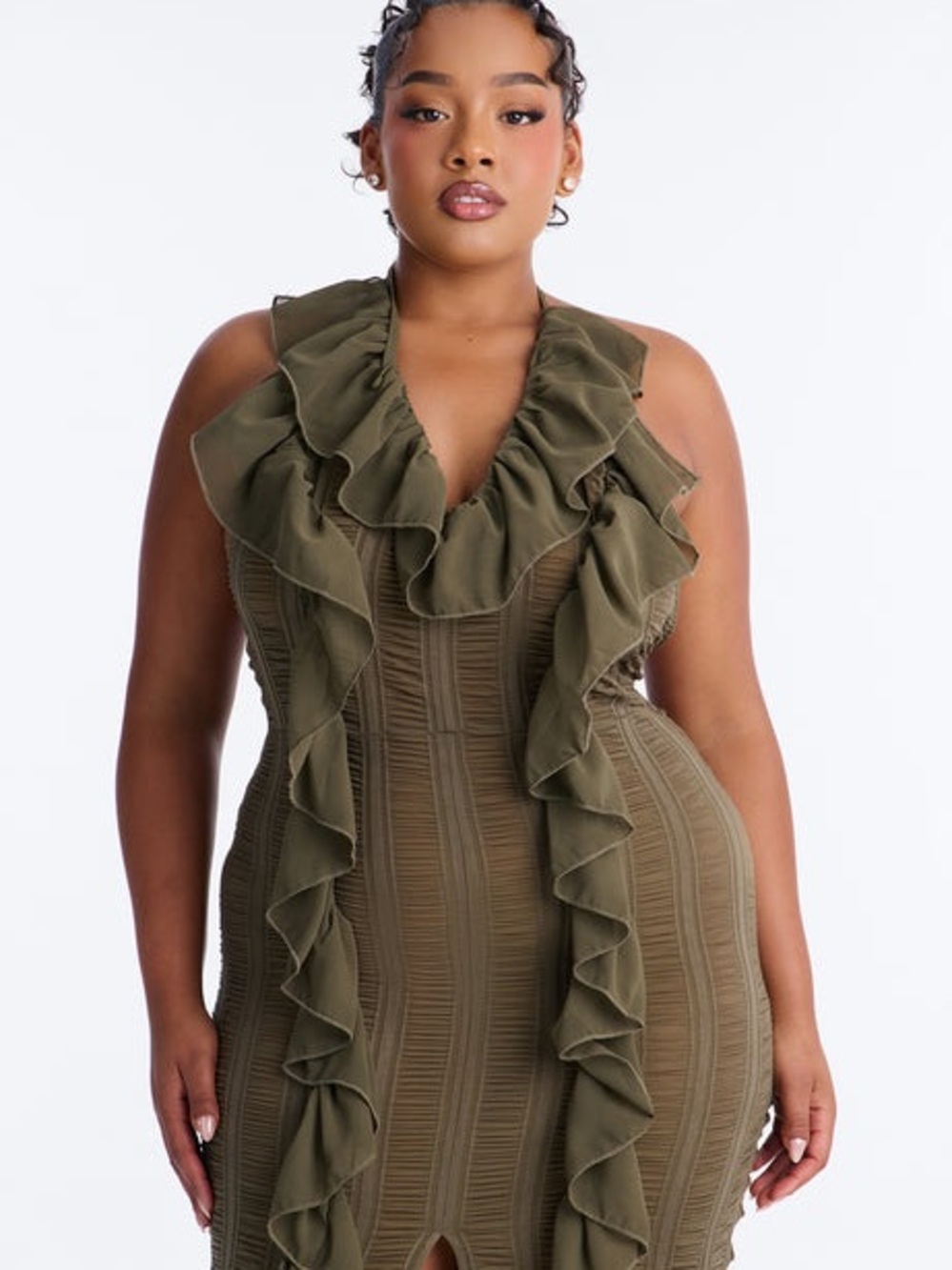 Fashion Nova Olive Ruffle-Trim Maxi Dress - Picture 2 of 4